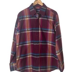Wrangler Size Large Maroon Blue White Plaid Western Shirt Black Pearl Snaps